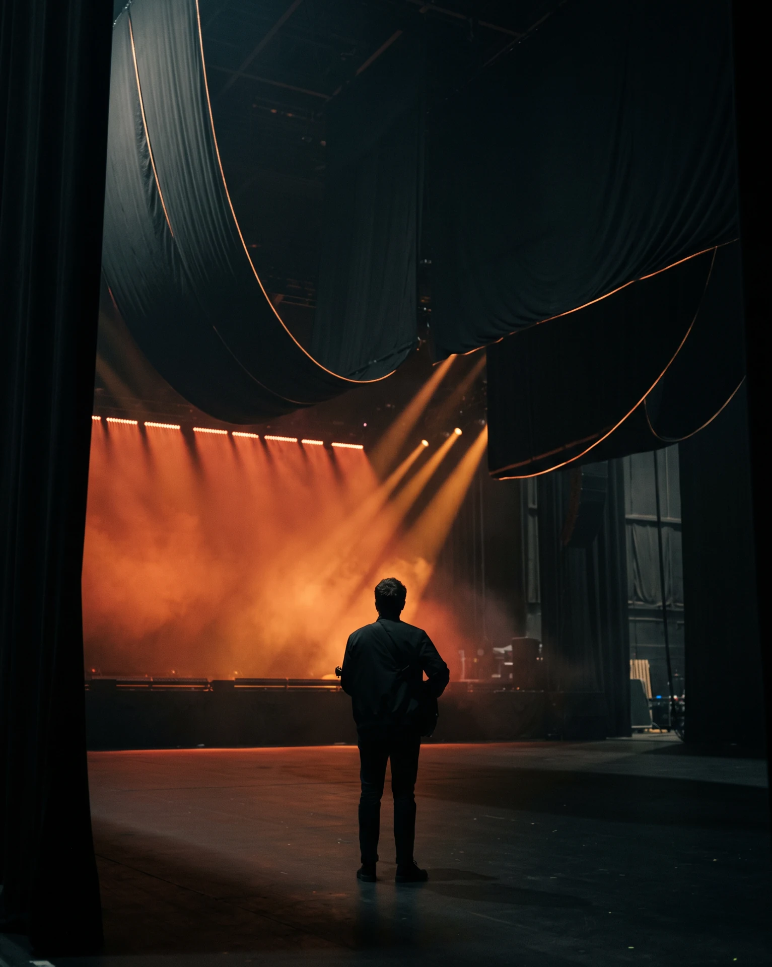 A musician stands beneath immense theatrical curtains, facing an amber-lit stage.